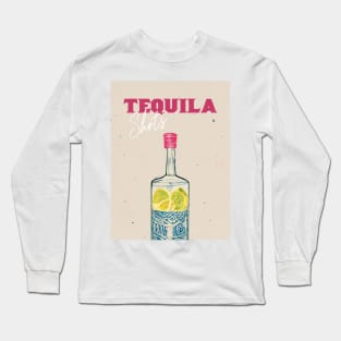 Tequila Retro Poster Shots Bottle Bar Prints, Vintage Drinks, Recipe, Wall Art Long Sleeve T-Shirt